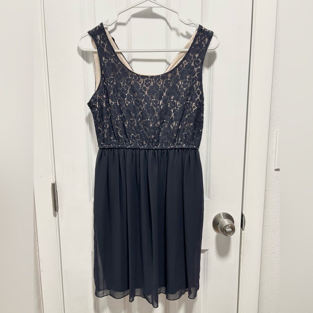 Sweet Storm Navy and Tan Lace Midi Dress